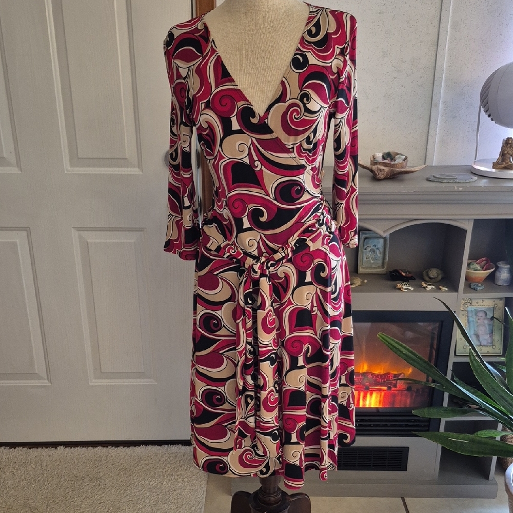 AB Studio Swirl Print V-Neck Midi Dress